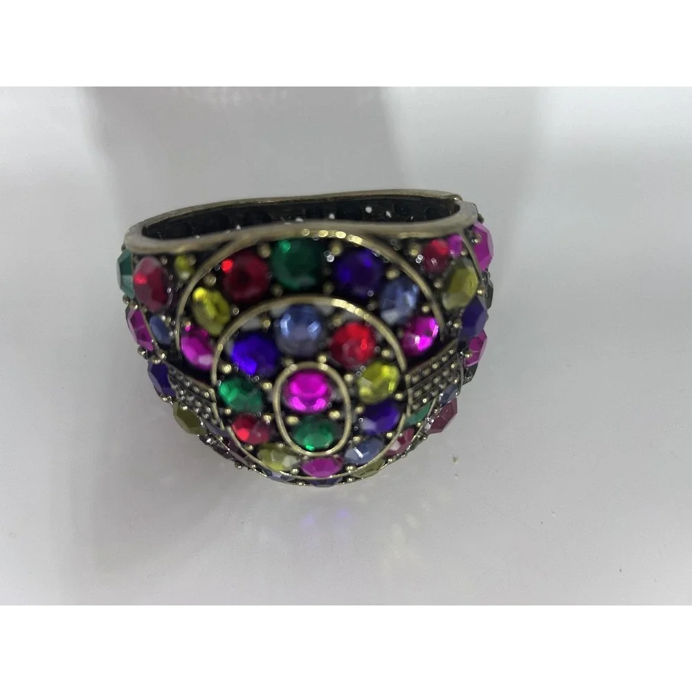 Bracelet Gold Tone Large Multicolor Rhinestone Bangle Hinged Statement Jewelry